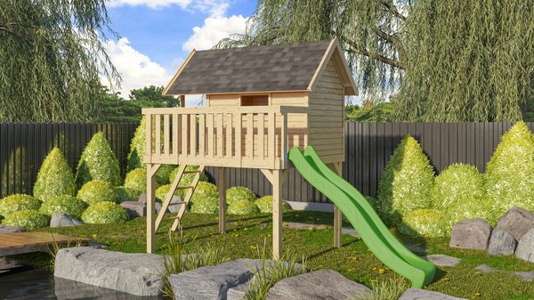 Stelzenhaus "Fidel" SET naturbelassen mit Wellenrutsche 3m grün