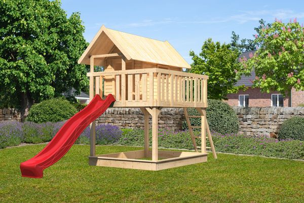 Stelzenhaus "Fidel" SET naturbelassen mit Wellenrutsche 3m rot