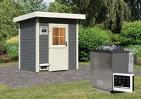 Saunahaus "Lübbenau" SET terragrau mit Ofen 9 kW Bio ext. Strg.