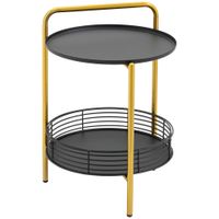 Beistelltisch 2-in-1 Design Rund Nachttisch Couchtisch mit Ablagen Serviertablett Industrie-Design Sofatisch Kaffeetisch für Schlafzimmer Wohnzimmer Stahl Schwarz+Gold 43 x 45 x 61,5 cm