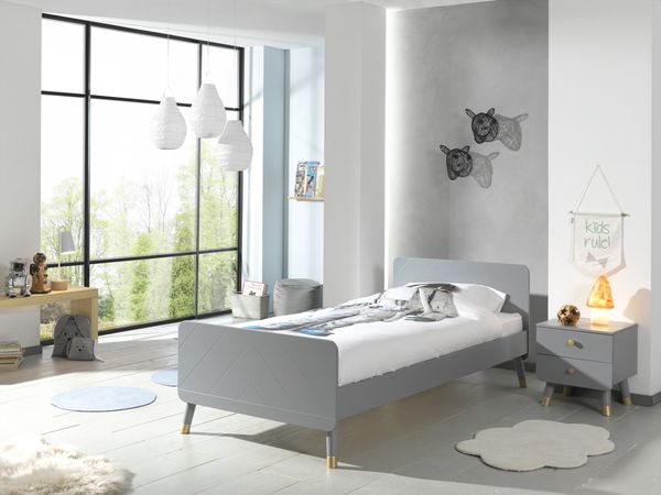 BILLY Set best. aus: Einzelbett 90x200 cm, mit Lattenrost, Nachtkonsole Schubladen, Timeless Grau