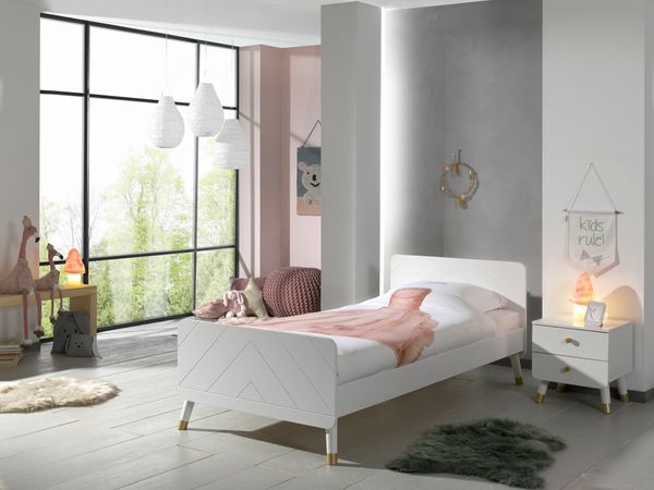 BILLY Set best. aus: Einzelbett 90x200 cm mit Lattenrost, Nachtkonsole mit 2 Schubladen, Satin Weiß