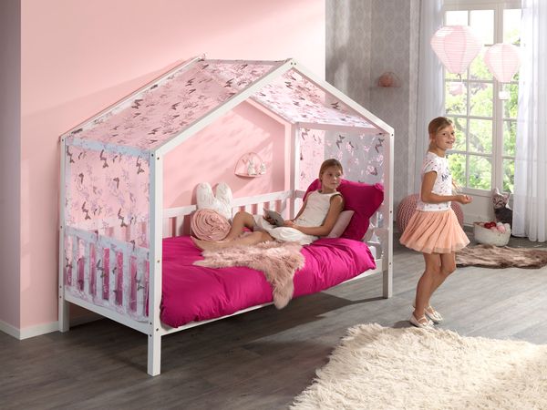 Dallas 1 Hausbett mit seitlicher Umrandung 90 x 200 cm Liegefläche und Textilhimmel, Weiß