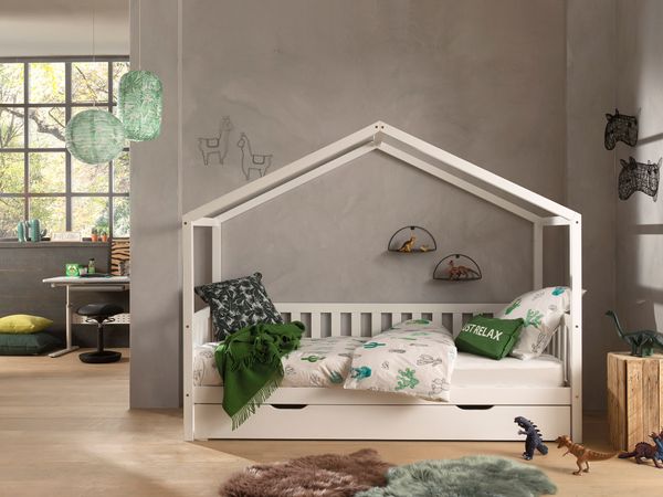 Dallas 1 Hausbett mit seitlicher Umrandung 90 x 200 cm Liegefläche und Bettschublade, Weiß
