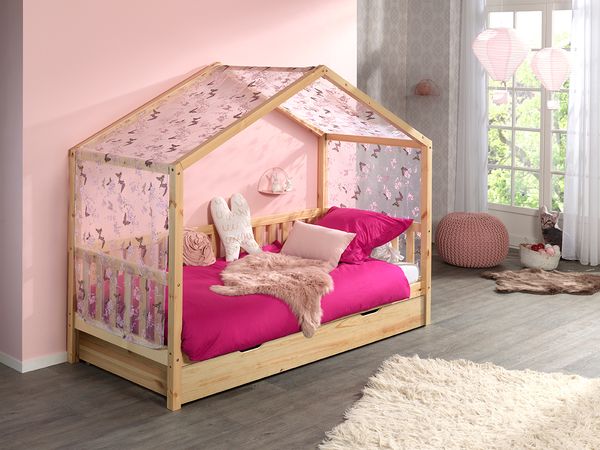 Dallas 1 Hausbett mit seitlicher Umrandung90x200 cm , Bettschublade und Textilhimmel, Natur