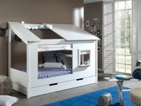 Baumhaus Bett 90 x 200 cm Liegefläche, inkl. Vorhang Set und Bettschublade, offenes Dach Weiß lackiert
