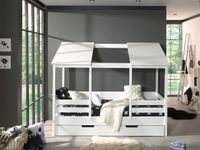 Hausbett mit 90 x 200 cm Liegefläche und Bettschublade, offenes Dach Weiß lackiert