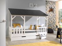 Hausbett mit 90 x 200 cm Liegefläche und Bettschublade, Korpus Weiß lackiert, Dach in Schwarz