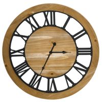 Wanduhr 60 cm mit Römischen Ziffern, Uhrwerk im Vintage-Design, Geräuschlose Dekoration für Wohnzimmer Küche Metall Tannenholz Schwarz+Natur