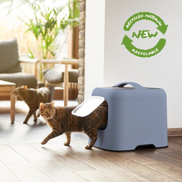 MyPet Biala Katzenklo mit Haube und Schaufel, blau/anthrazit, recycletes Material