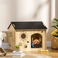Hundehütte aus Holz Kleintierhaus mit Lüftungsöffnungen Hundehaus mit Dach Hundehöhle Indoor MDF Eiche+Schwarz 69 x 50 x 58,5 cm