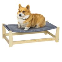 Erhöhtes Hundebett Haustierbett mit Kissen Hundeliege Haustierliege Hundeschlafplatz für drinnen und draußen Hängematte Hängebett Katzenbett Kiefernholz Natur+Hellgrau 90 x 50 x 28 cm