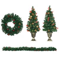 4-teiliges Set Weihnachtsschmuck Haustür Deko Weihnachtsdekoration-Set mit LED-Beleuchtung inkl. 2 Weihnachtsbäume, 1 Weihnachtskranz, 1 Weihnachtsgirlande