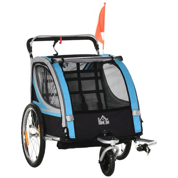 2 in 1 Kinderfahrradanhänger, Kinderanhänger mit Federung, Blau+Schwarz