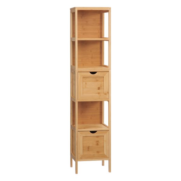 Badezimmerschrank, Beistellschrank aus Bambus, Hochschrank, Kippschutz