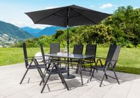 Edelstahl-Sitzgarnitur 8 tlg. aus Aluminium mit Sonnenschirm schwarz