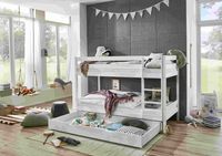 Etagenbett Lupo 90x200 cm, Bettschublade, 2 Rolllattenroste & 2 Matratzen Allergena Med., Buche weiß