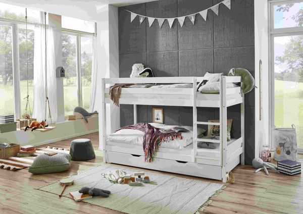 Etagenbett Lupo 90x200 cm, Bettschublade, inkl. 2 Rolllattenroste, Buche massiv weiß lackiert