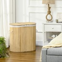 Wäschekorb 100L Wäschebox mit Deckel, Griff, 2 Abschnitten Bambus Natur