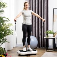 Vibrationsplatte mit 2 Fitnessbändern 99 Vibrationsstufen 120 kg Belastbarkeit Rüttelplatte Fitnessgeräte für Ganzkörpertraining zu Hause mit LCD-Anzeige 200W 73 x 40 x 13cm Weiß+Schwarz
