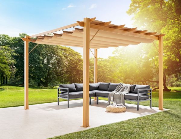 Aluminium Pavillon mit verstellbarem Sonnensegel, ca. 350 x 350 x 236 cm – Buche