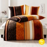 Teddy Plüsch Bettwäsche, 80x80 + 135x200 cm, Ornament Streifen Rost-Gold, 2er Set