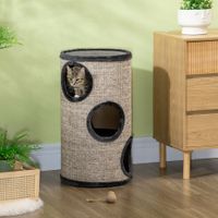 Kratztonne, Katzenkratzbaum mit 3 Höhlen, Spieltonne für Katzen, Grau