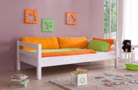 Spielbett Eliyas mit Rutsche, Buche massiv weiß lackiert, inkl. Textilset (Vorhang, Tunnel) blau-rot