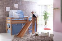 Spielbett Eliyas mit Rutsche, Buche massiv natur lackiert, inkl. Textilset (Vorhang) blau-boy