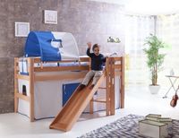 Spielbett Eliyas mit Rutsche, Buche massiv natur lackiert, inkl. Vorhang weiß/blau-delfin