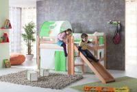 Spielbett Eliyas mit Rutsche, Buche massiv natur lackiert, inkl. Textilset (Vorhang) grün/weiß