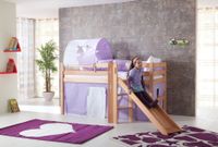 Spielbett Eliyas mit Rutsche, Buche massiv natur lackiert, inkl. Textilset (Vorhang) weiß/lila