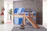 Spielbett Eliyas mit Rutsche, Buche massiv natur lackiert, inkl. Vorhang blau/hellblau-delfin