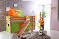 Spielbett Eliyas mit Rutsche, Buche massiv natur lackiert, inkl. Textilset (Vorhang) orange/grün
