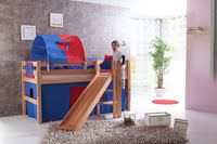 Spielbett Eliyas mit Rutsche, Buche massiv natur lackiert, inkl. Textilset (Vorhang) blau-rot
