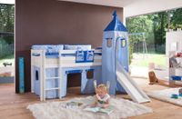 Halbhohes Spielbett ALEX mit Rutsche/Turm Buche massiv weiß lackiert mit Stoffset blau/delfin