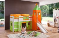 Halbhohes Spielbett ALEX mit Rutsche/Turm Buche massiv weiß lackiert mit Stoffset grün/orange