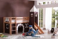 Halbhohes Spielbett ALEX mit Rutsche/Turm Buche massiv natur lackiert mit Stoffset Burg