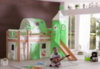 Halbhohes Spielbett ALEX mit Rutsche/Turm/Tunnel Buche massiv natur lackiert mit Stoffset Dschungel