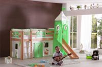 Halbhohes Spielbett ALEX mit Rutsche/Turm Buche massiv natur lackiert mit Stoffset Dschungel