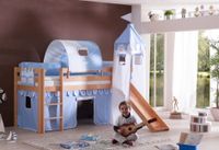 Halbhohes Spielbett ALEX mit Rutsche/Turm/Tunnel Buche massiv natur lackiert mit Stoffset blau/boy