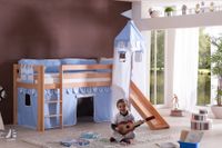 Halbhohes Spielbett ALEX mit Rutsche/Turm Buche massiv natur lackiert mit Stoffset blau/boy