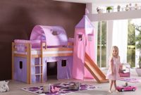 Halbhohes Spielbett ALEX mit Rutsche/Turm/Tunnel Buche massiv natur lackiert mit Stoffset purple/rosa