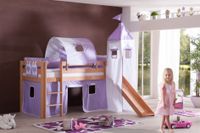 Halbhohes Spielbett ALEX mit Rutsche/Turm/Tunnel Buche massiv natur lackiert mit Stoffset purple/weiß