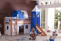 Halbhohes Spielbett ALEX mit Rutsche/Turm/Tunnel Buche massiv natur lackiert mit Stoffset weiß/delfin