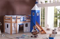 Halbhohes Spielbett ALEX mit Rutsche/Turm Buche massiv natur lackiert mit Stoffset weiß/delfin