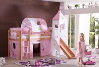 Halbhohes Spielbett ALEX mit Rutsche/Turm/Tunnel Buche massiv natur lackiert mit Stoffset Princess