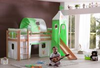 Halbhohes Spielbett ALEX mit Rutsche/Turm/Tunnel Buche massiv natur lackiert mit Stoffset Beige/Grün