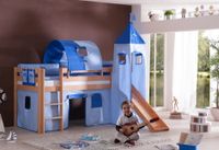 Halbhohes Spielbett ALEX mit Rutsche/Turm/Tunnel Buche massiv natur lackiert mit Stoffset blau/delfin