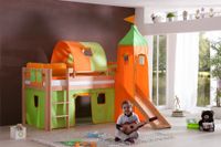 Halbhohes Spielbett ALEX mit Rutsche/Turm/Tunnel Buche massiv natur lackiert mit Stoffset grün/orange